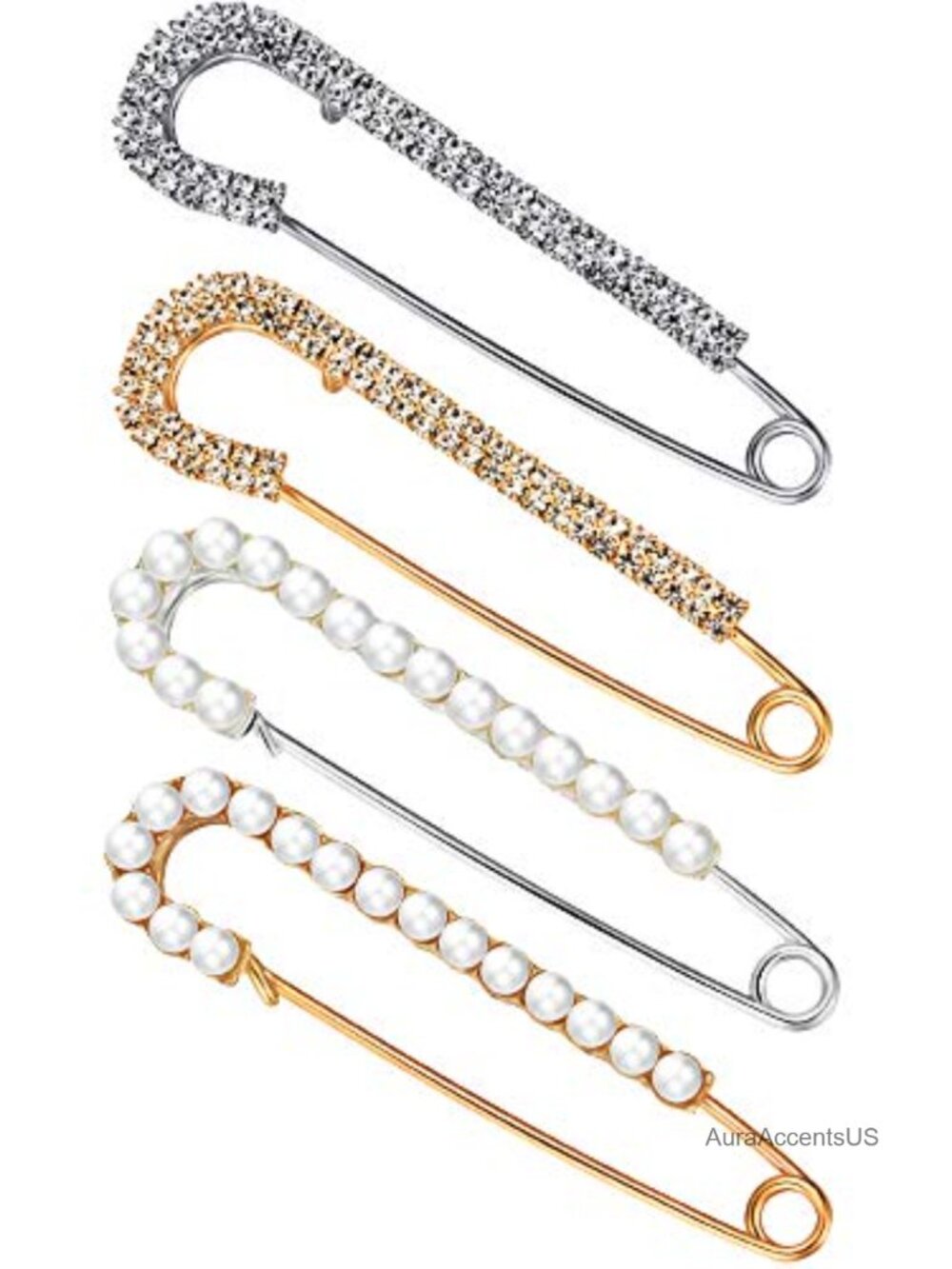 4 Brooch Pins with Crystal Pearl Sweater Shawl Scarf Clips Secure Clasp